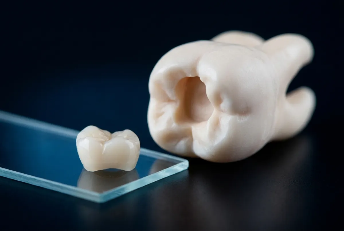 Modello anatomico di un molare con la cavità rimasta vuota e un piccolo restauro in composito appoggiato accanto